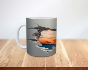 3D faux-hole sunset ceramic mug personalized. Faux-hole effect revealing golden sky on mug. Custom name sunset coffee cup 11 oz.